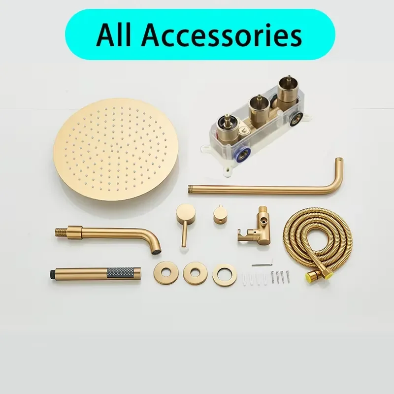 Brushed Gold Concealed Thermostatic Shower Set, 3-Way Wall Mount Bathtub Mixer Tap with Rotating Spout for Distributors