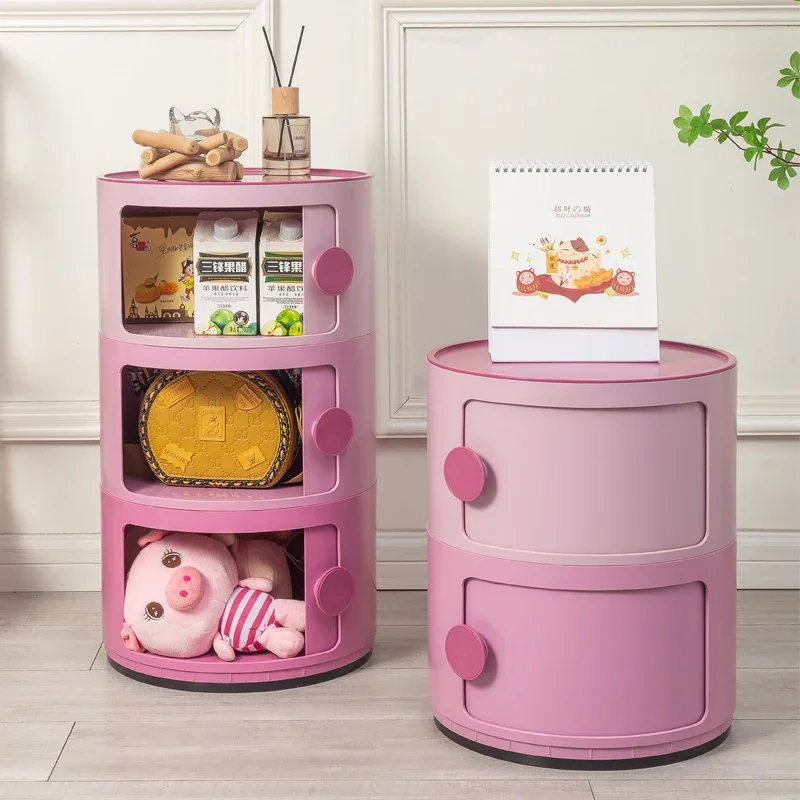 PK72: Trendy Round Storage Cabinet, Pink Mini Bedside Table, Space-Saving Organizer, Elegant Bedroom Storage, Gradient Pink Unit