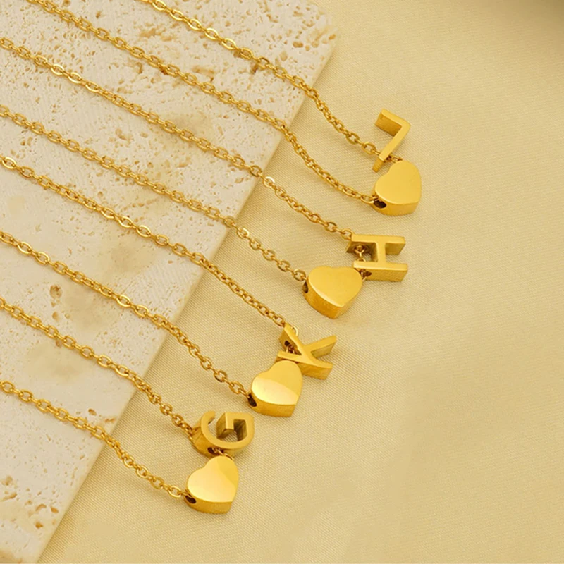 

10Pcs Fashion Simple Jewelry Stainless Steel 18K Gold Plated Heart Charms Letter Initial Necklaces for Women