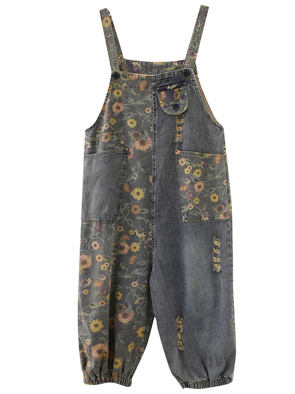 Summer New Women's Denim Overalls High Waist Print Anti-Aging plus Size Conceal Meat Wide Leg Jumpsuits Regular Thin