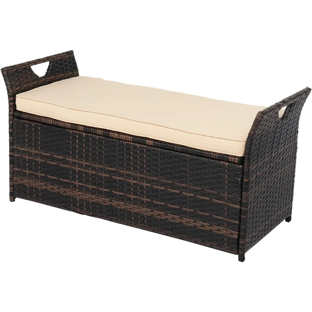 

40 Gallon Wicker Storage Bench, Patio Cushion Storage Box Designed with Side Handles, Rattan Deck Box for Garden Tools, Cushions
