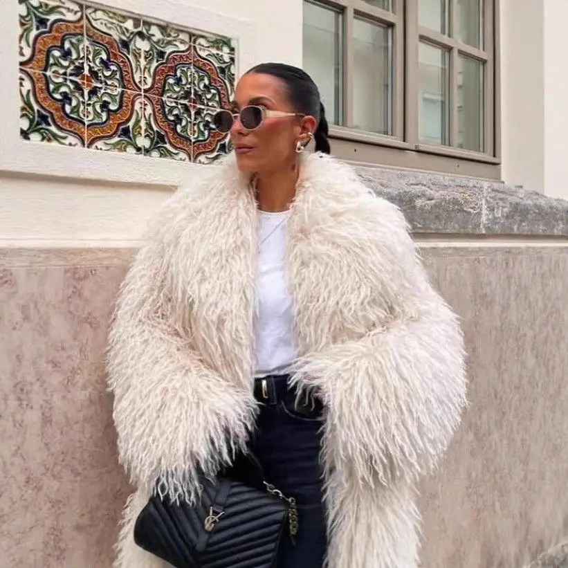 เสื้อโค้ทขนเทียมเท็ดดี้ ความยาวปานกลาง สำหรับผู้หญิง แจ็คเก็ตขนสัตว์เทียม ทรงเข้ารูป คอปกยาว สไตล์ยุโรป