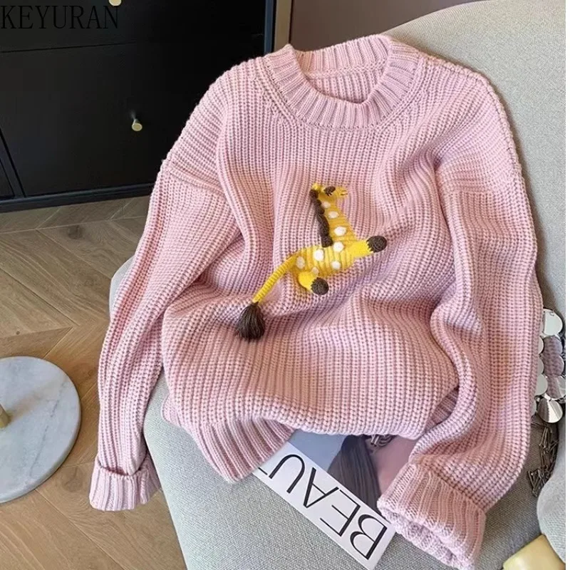 

Pink Three-dimensional Pony Pattern Sweater Women Autumn Winter Korean Fashion O-Neck Long Sleeve Knitted Pullover Kawaii Jumper