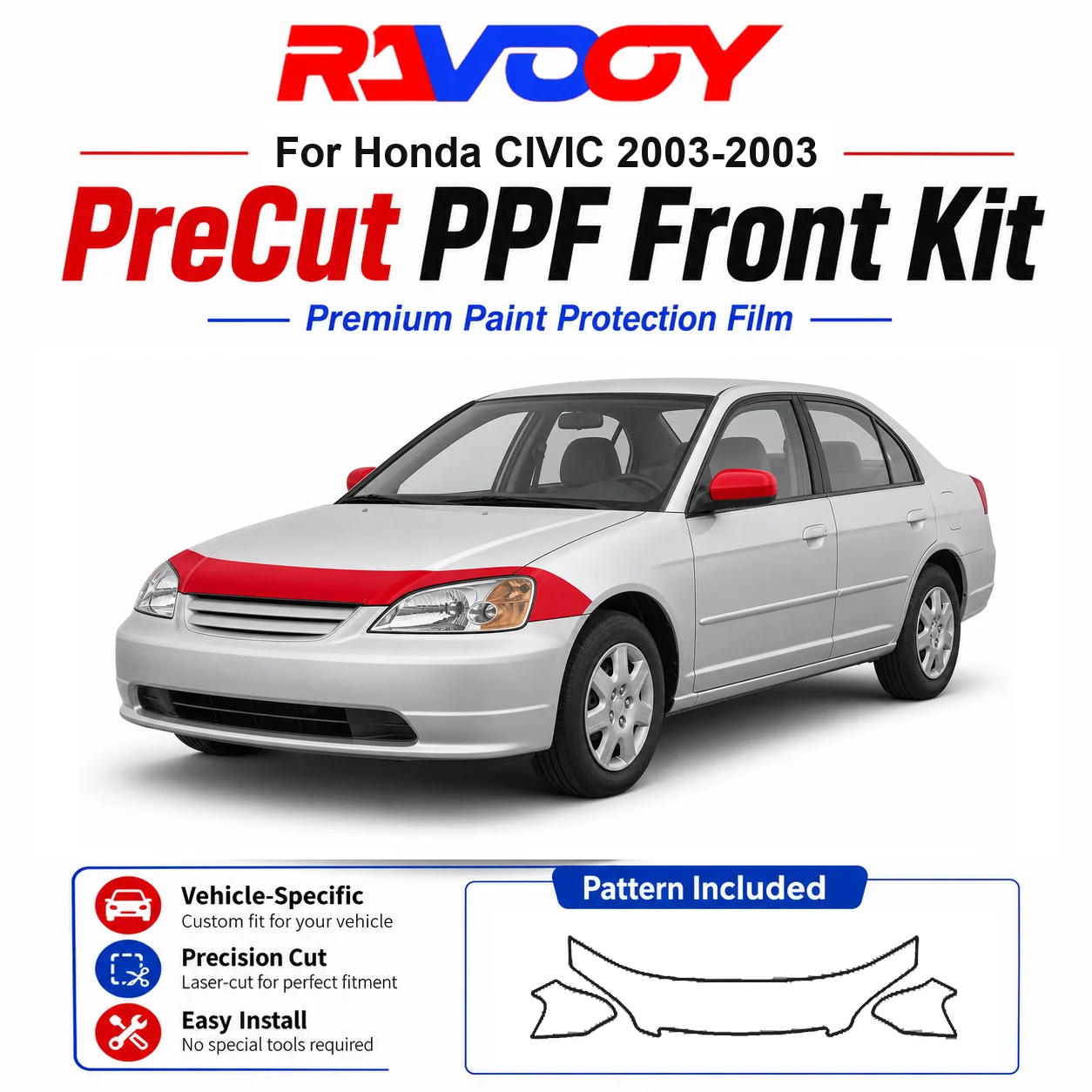 Kit de Película Protetora (PPF) de TPU Pré-Cortada de 8.5mil para Honda CIVIC 2003-2003 - Conjunto para Capô, Para-lamas e Espelhos - Película Transparente Autorreparável