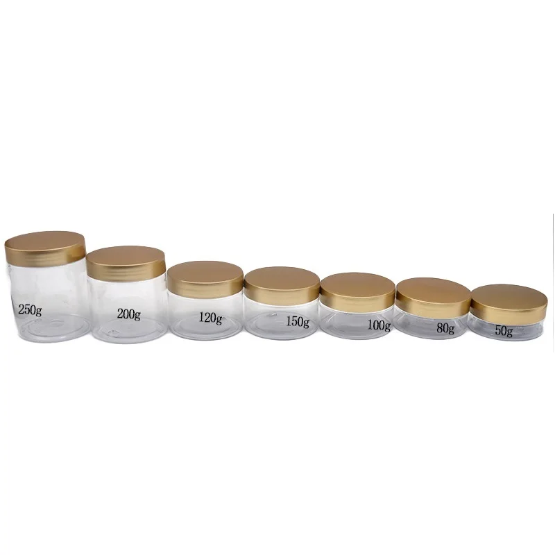 24Pcs Empty Clear Cream Jar Cosmetic Container Matte Gold Lid 50g 80g 100g 120g 150g 200g 250g Refillable Portable Plastic Pots