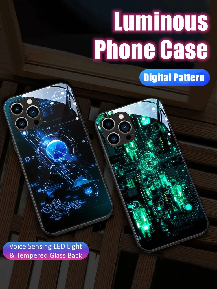 

Digital Geometric LED Light Glowing Luminous Tempered Glass Phone Case for Huawei P40 P50 P60 Mate 60 40 50 Nova 8 9 19 Pro Plus