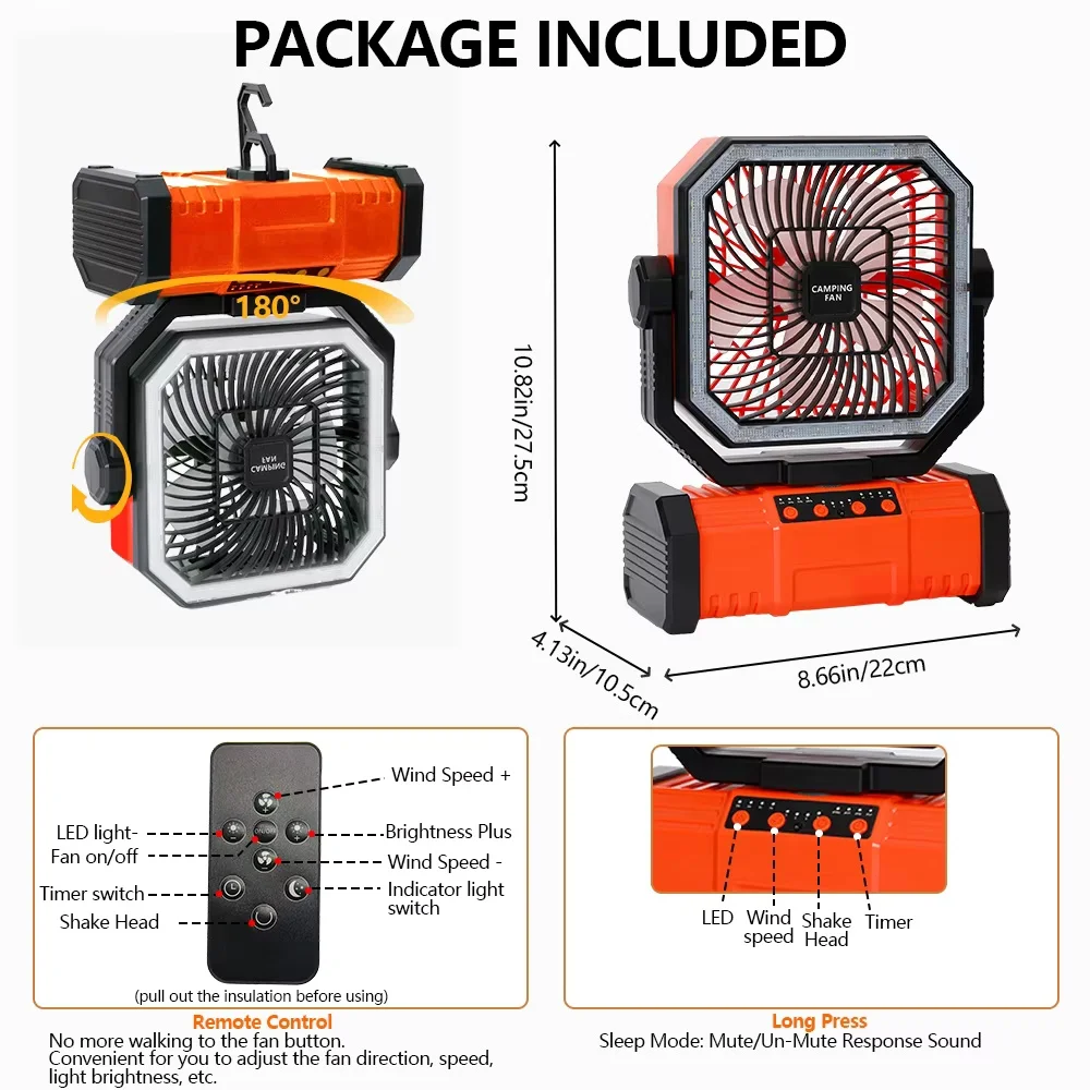Outdoor Camping Rechargeable Fan With Led Lantern And Remote_voghion.com