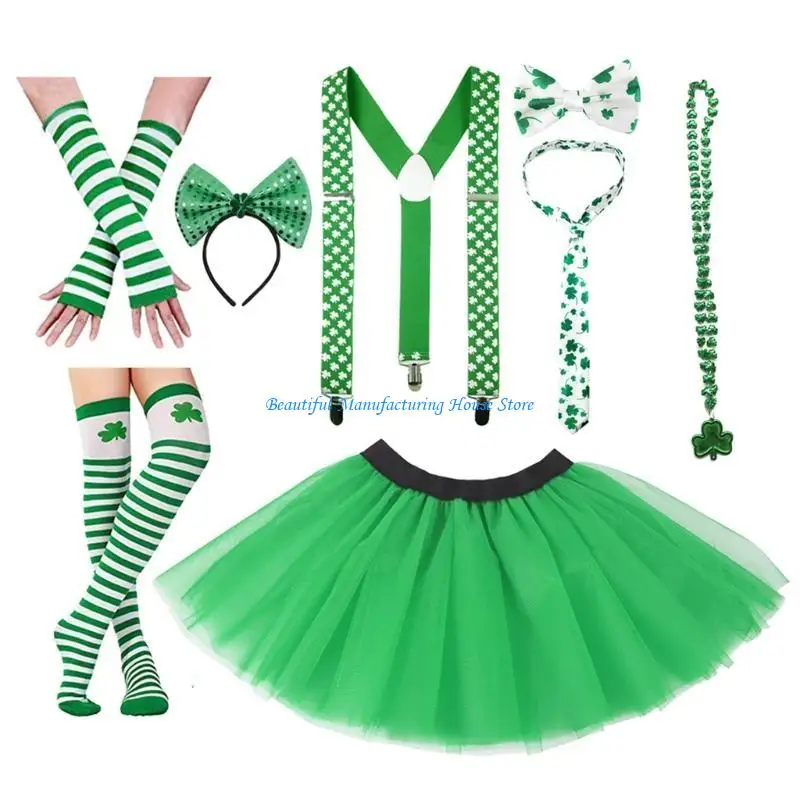 

E56A 8 шт., комплект аксессуаров для костюма на день ирландского Святого Патрика, трилистник, подтяжки, юбка-пачка, гетры,