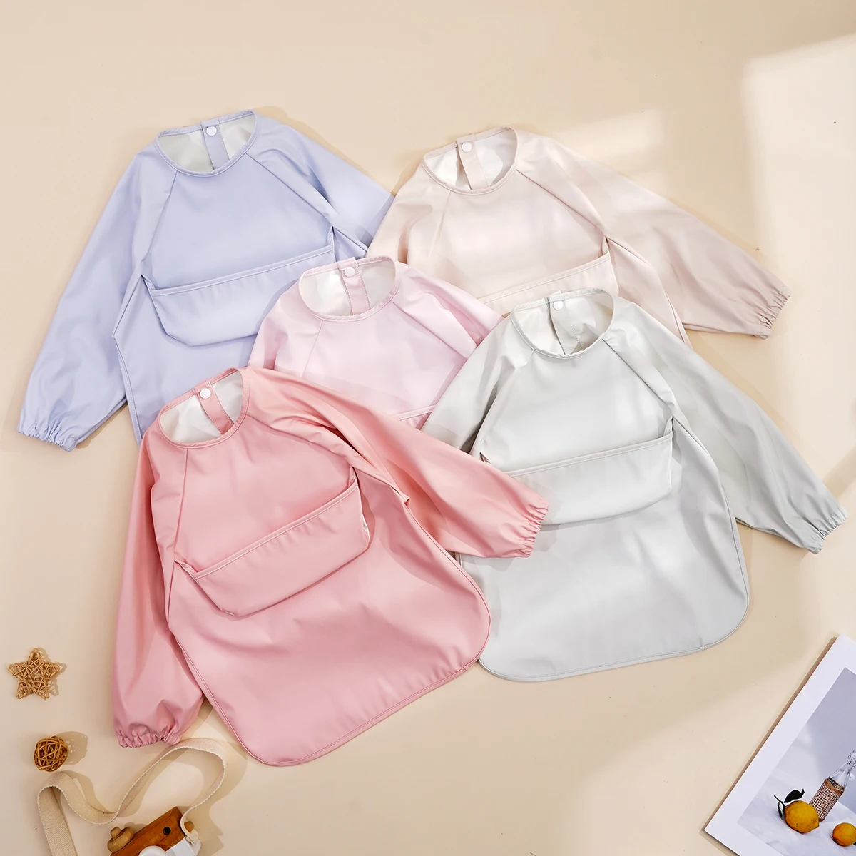 HappyFlute Baby Bib Long Sleeve Waterproof Polyester Feeding Bibs with Pocket Reusable Washable Infant Eating Apron 1Pc