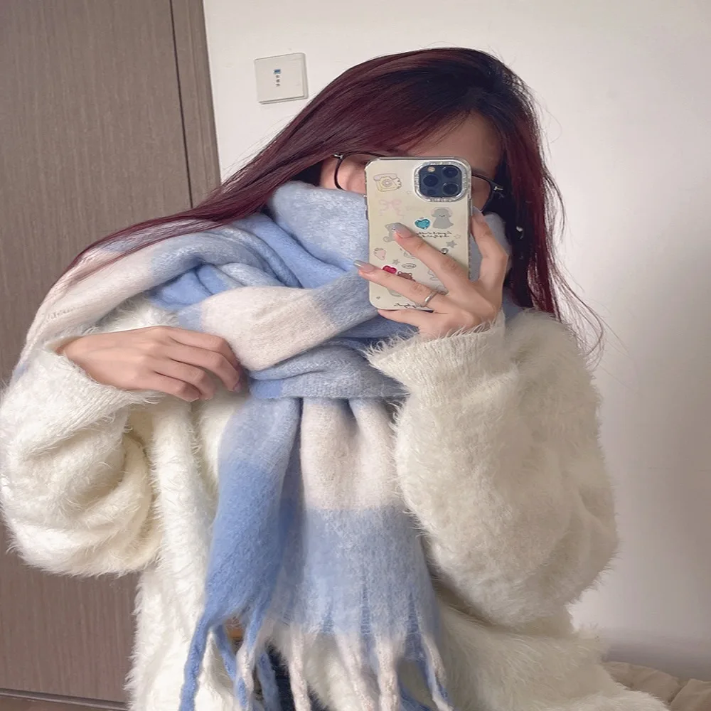 Female Korean Style Thickened Scarf Versatile Four Color Long Tassel Gradient Tie Dye Scarf Necks Warm Thicker Cashmere Scarf