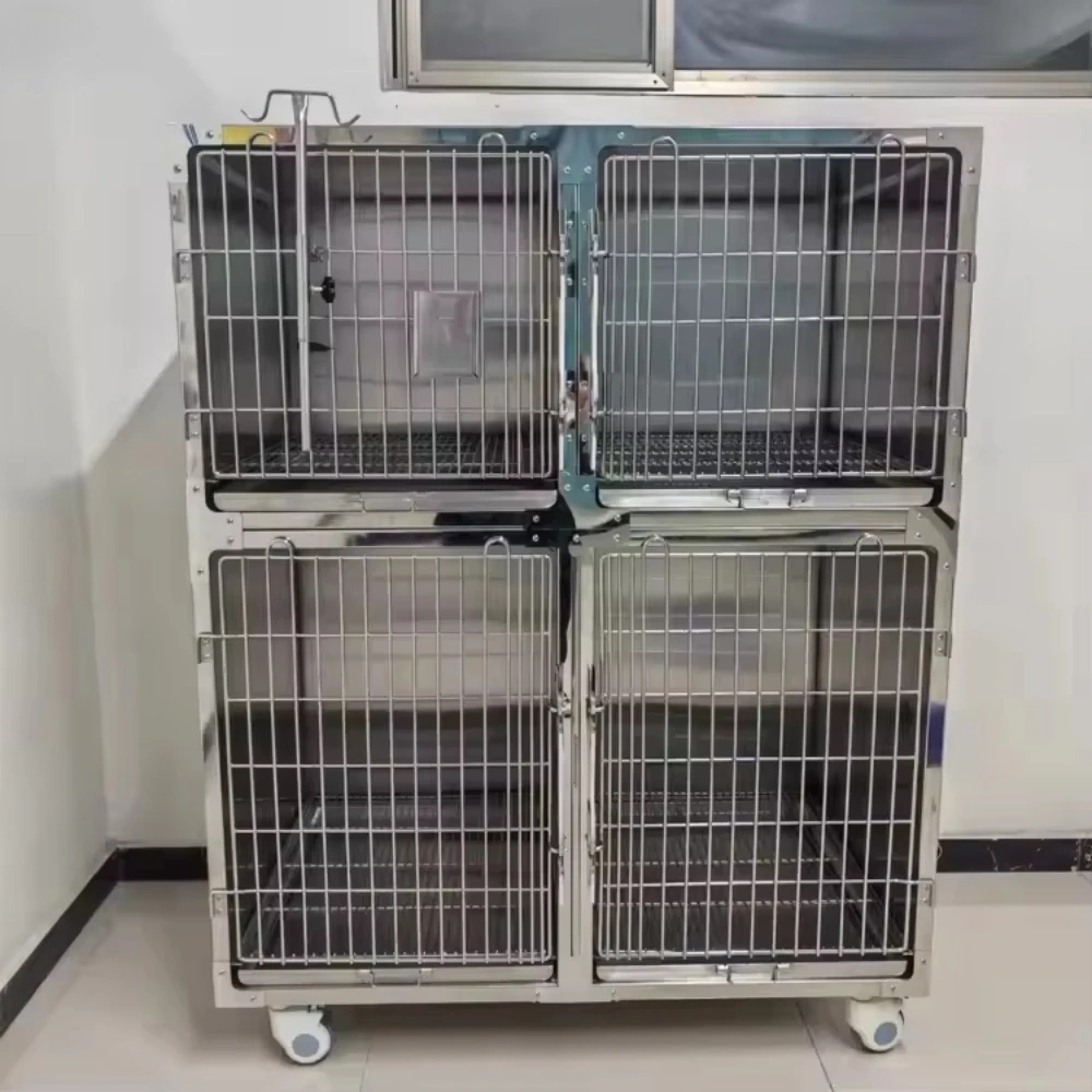 Full-featured heavy-duty 304 stainless steel stackable mobile pet cage for veterinary clinics, hospitals, and beauty salons