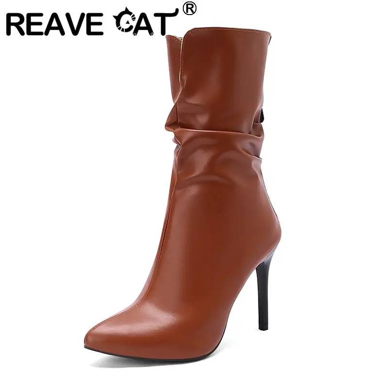 

REAVECAT 2025 пикантные женские сапоги до середины икры с острым носком на тонком высоком каблуке 10 см с молнией сзади оверсайз 47 48 модная осенняя вечеринка для свиданий