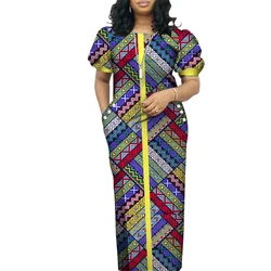 Elegant Women African Dress O-neck Short Puff Sleeve Long Maxi Dresses African Print Clothing Bazin Riche Plus Size Dress WY4542