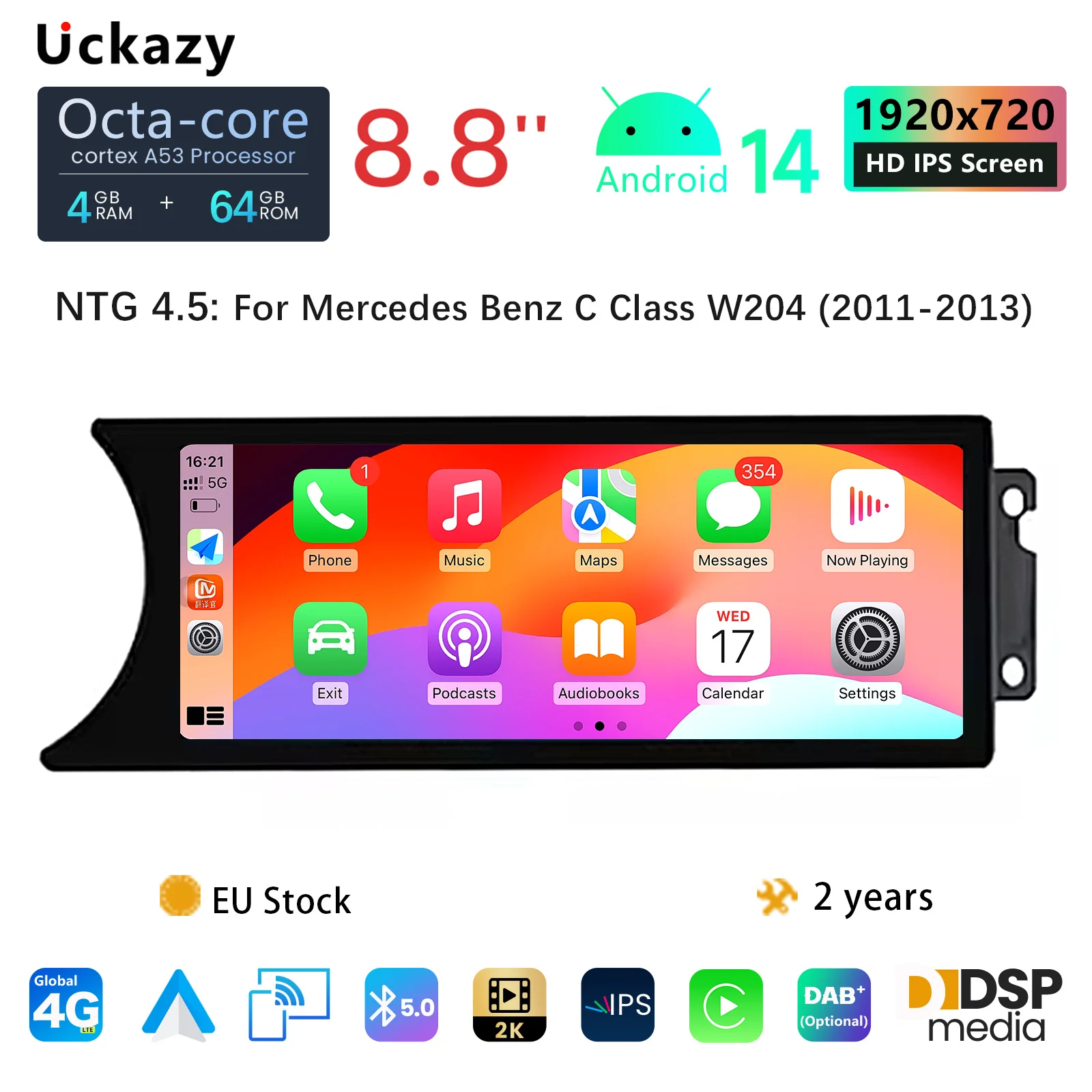 8.8 inch Android 14 Car Radio Carplay Touch Screen For Mercedes Benz Class W204 2011-2015 LHD Car Stereo Player GPS Navigation