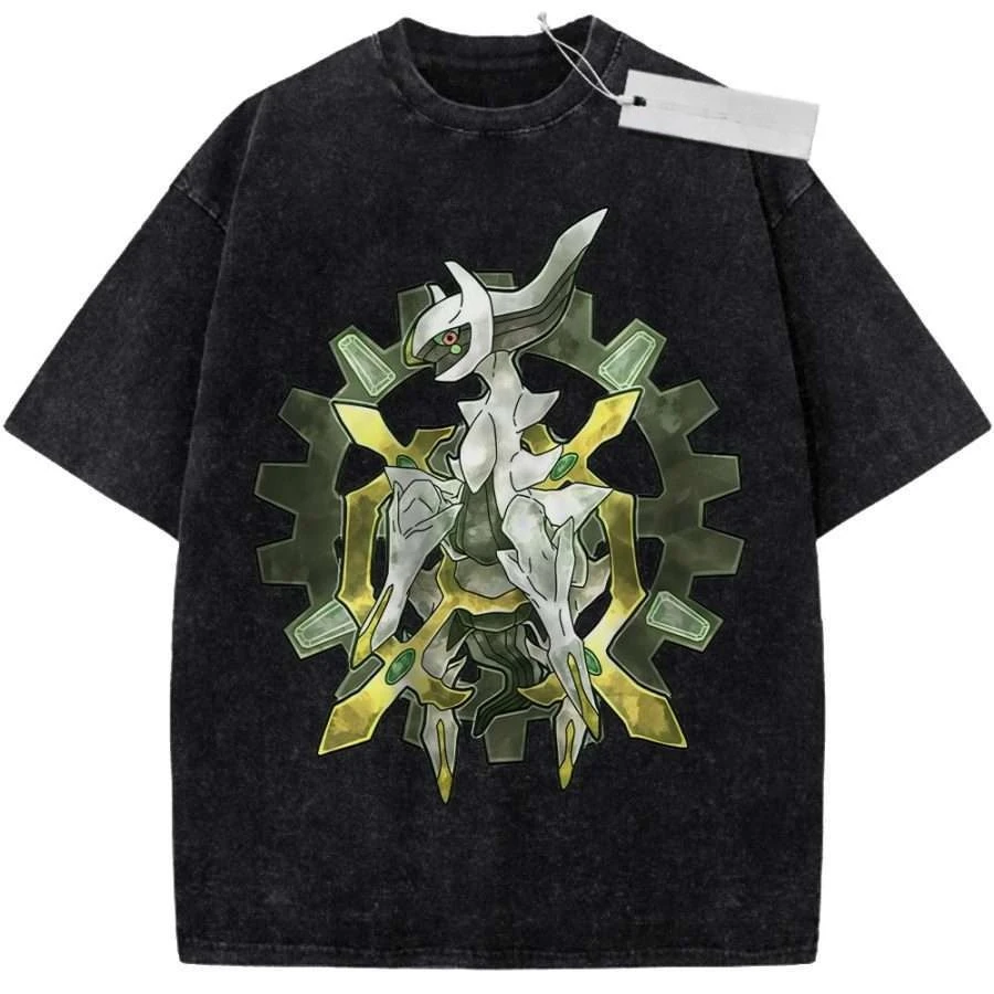 

2026 Summer Men's Black Washed T - Shirt Pokemon Arceus Gear Pattern High - Quality Fabric for Casual Shopping