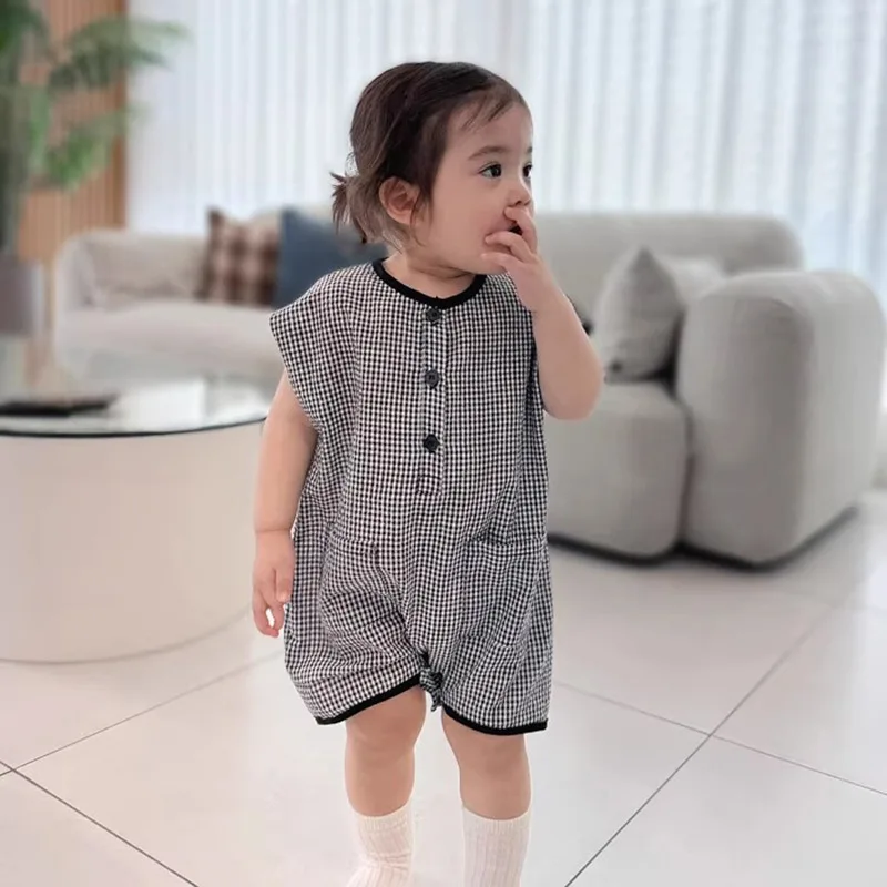 2026 Summer Fashion New Childrens Short-Sleeve Cotton Gauze Plaid Sleeveless Romper Crawling Suit