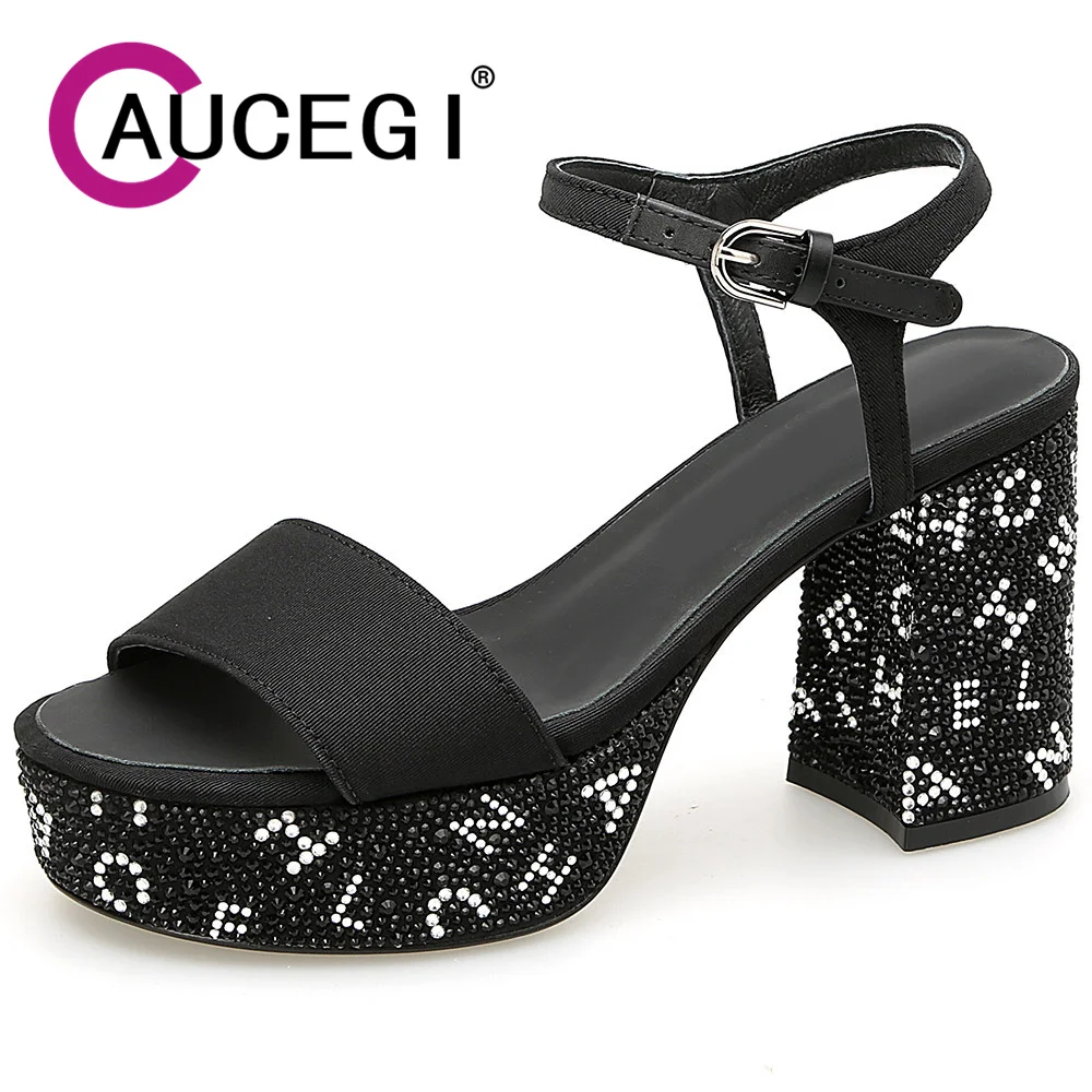 

Aucegi Summer Platform High Heel Gladiator Sandals Round Peep Toe Solid Color Buckle Strap Rhinestone Decorative Fashion Shoes