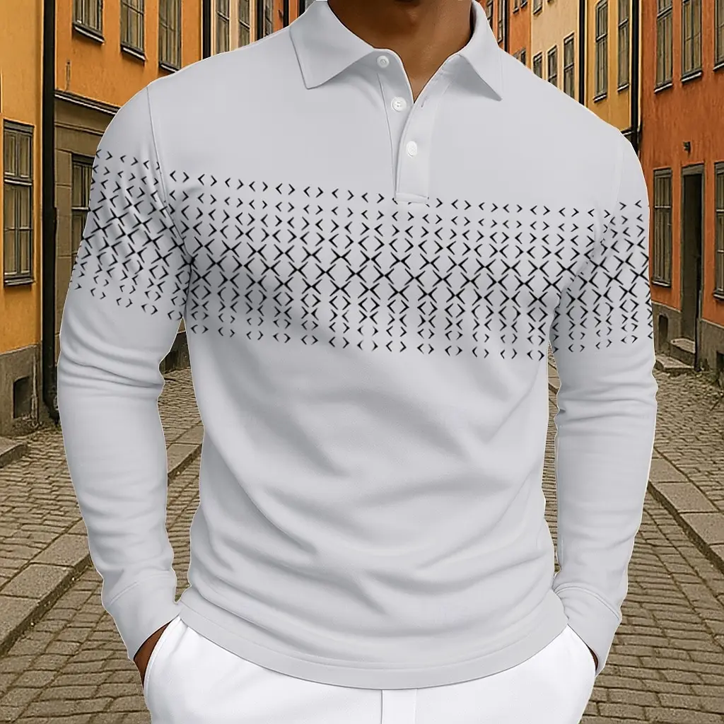 Men's Geometic Golf Polo Long Sleeve Polo Shirts Athleisure Daily Wear 3D Prints Breathable Buttons Tops 2025 Fall Winter