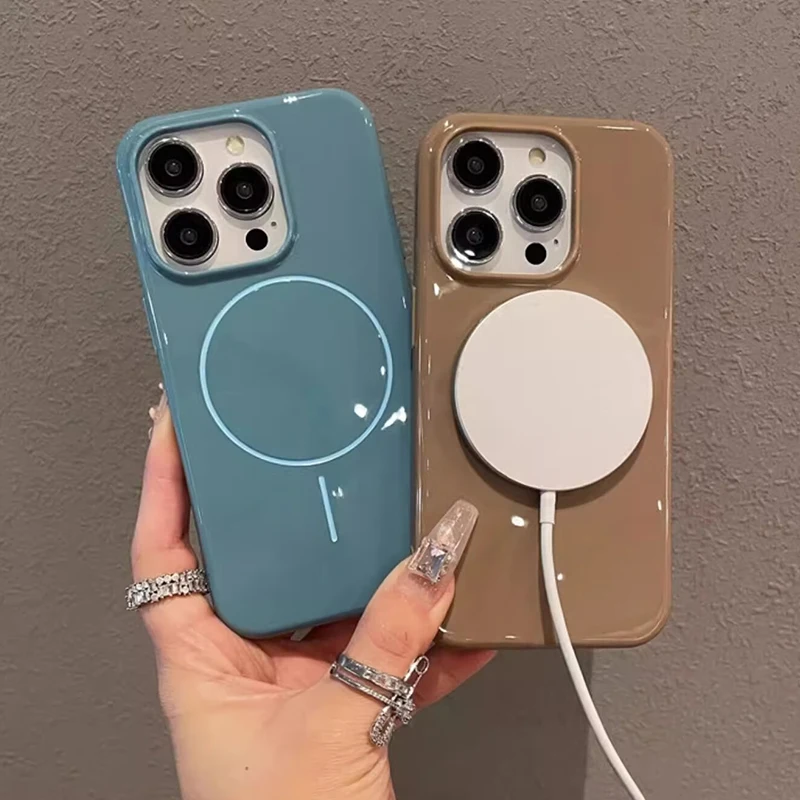 Originality Glossy Solid Color Magsafe Magnetic Case for iPhone 16 15 14 13 12 11 Pro Max Plus Fall Prevention Shockproof Cover