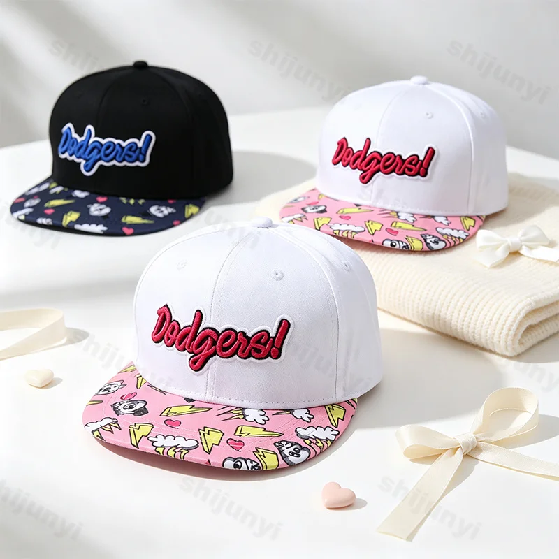 Cartoon Print Hip Hop Baseball Hat Flat Brim Snapback Cap 3D Embroidered Adjustable Outdoor Streetwear Trucker Hat for Men Women