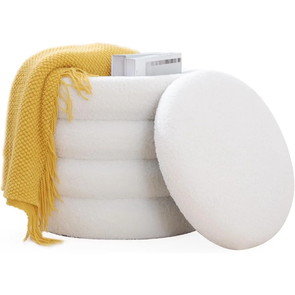 

Round Storage Ottoman for Dorm, White Sherpa Footstool with Lid, Vanity Stool for Bedroom, Living Room, Makeup Room, 18.1 x 18.1