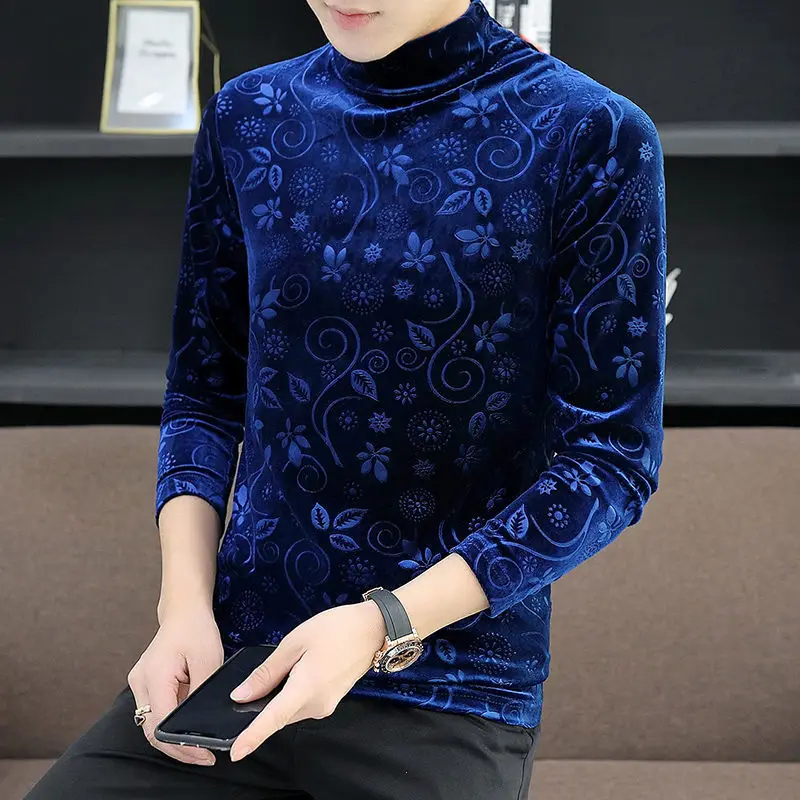 Trend Fashion Spring Autumn Golden Velvet New Men Mock Neck Printing New Korean Smart Casual Long Sleeve Bottoming Shirt Tops