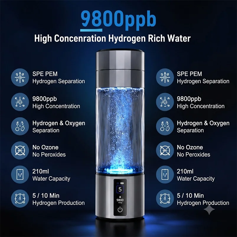 Portable Hydrogen Water Bottle 9800ppb Hydrogen Water Generator SPE PEM OLED Display 210ML Rechargeable Hydrogen Rich Water Cup