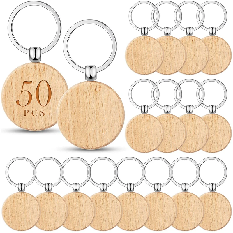 

50Pcs Round Wooden Key Chains Wood Key Chain Tags to Paint Personalized Key Rings DIY Tags Key Craft