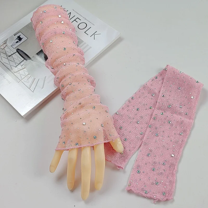 

Модные блестящие перчатки из ледяного шелка с камнями-стразами для женщин, летние, с длинными кружевными рукавами, для активного отдыха, езды на велосипеде и вождения.