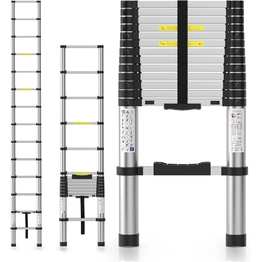 Telescoping Ladder, Aluminum Extension Ladder, One-Button Retraction Anti-Pinch, Heavy Duty 330LBS Capacity, for Home, Attic, R