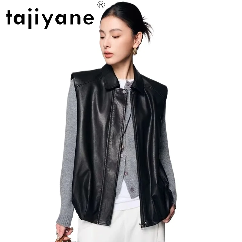 TAJIYANE 本物の羊皮ベスト女性スタイリッシュなノースリーブレザーコートショートリアルレザージャケット 2025 秋の女性服 신상아우터