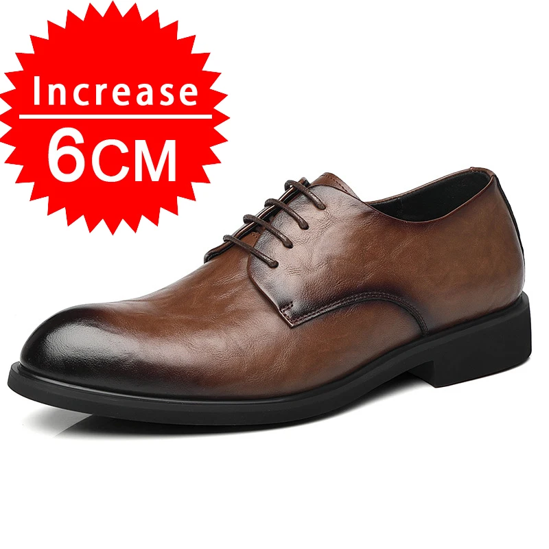 Zapatos de cuero de vaca para hombre, calzado de elevación, plano, Retro, dividido, Formal, para boda, negocios, Invisible, aumento de altura, 6cm