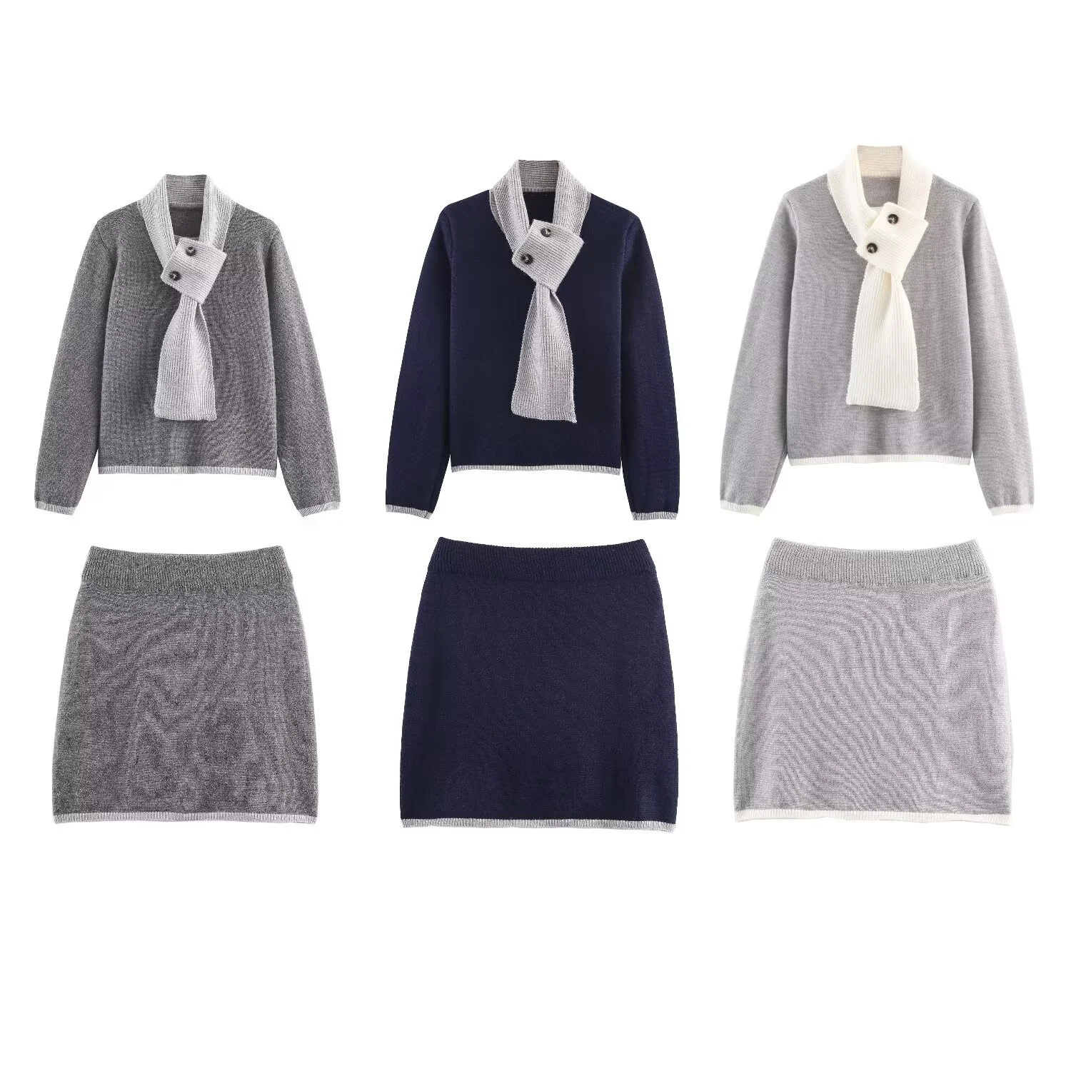 

Зима 2029, новый женский повседневный модный простой элегантный шарф с круглым вырезом и длинными рукавами, вязаный топ + прямая короткая юбка