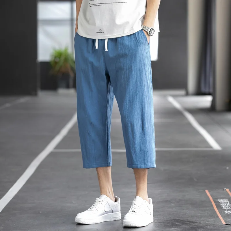 2024 Summer Men New Pure Cotton Large Size Chinese Style Loose Haren Pants Casual Elastic Waist Solid Color Comfortable Shorts