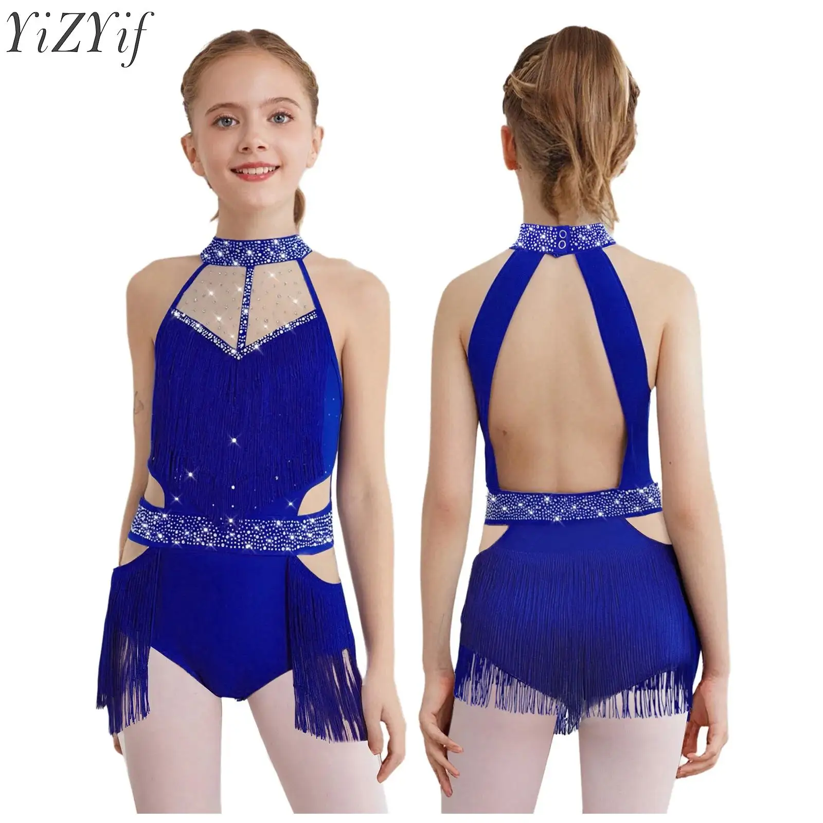 

Kids Girls Latin Jazz Dance Leotard Sleeveless Sheer Mesh Rhinestones Gymnastics Bodysuit Modern Contemporay Stage Performance