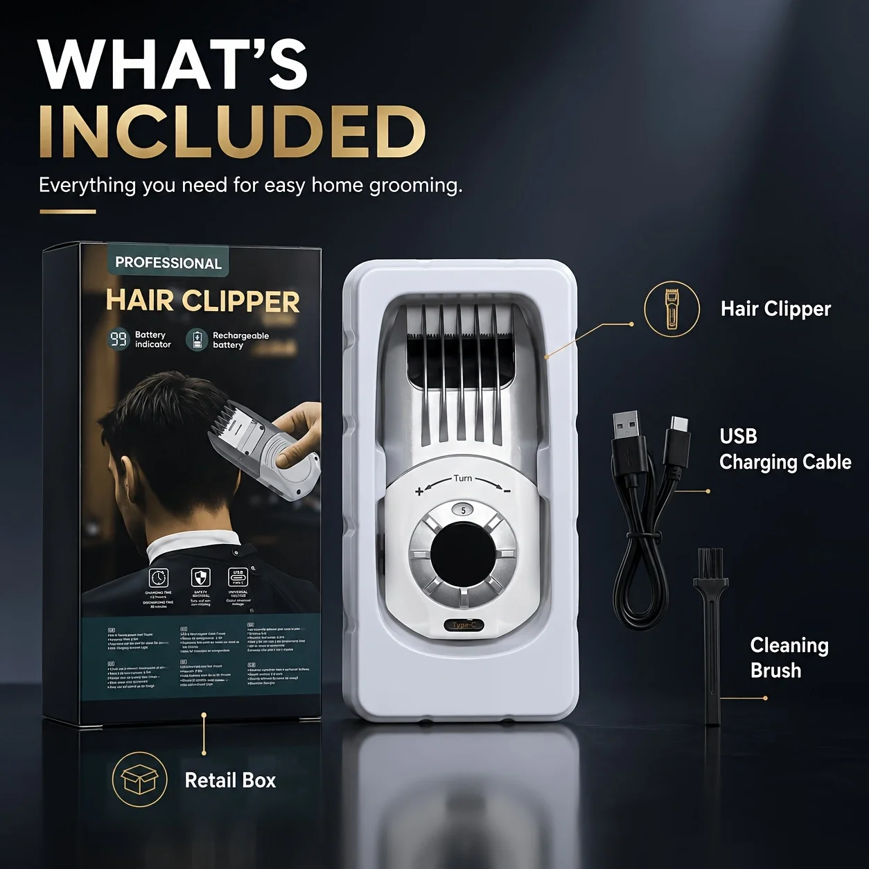 Electric Hair Clipper for Home Use, Rechargeable Cordless Portable Hair Trimmer for Adults and Children, Adjustable Blade Length, Multi-Level Trimming, Type-C Charging, Lightweight and Portable, Comfortable Grip, Low Noise, Household Hair Cutting Tool, Suitable for Men's Short Hair Trimming, Sideburn Trimming, Daily Styling, Beginner-Friendly Hairdressing Tool 2