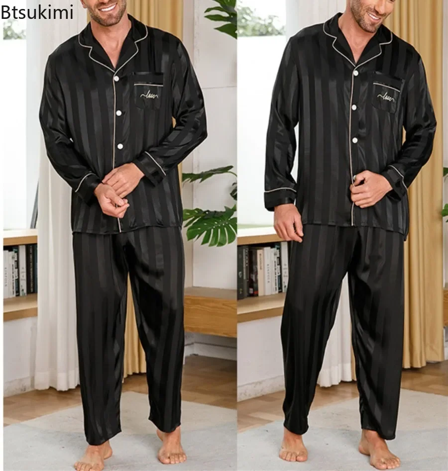 

2025Men's Casual Silk Satin Pajama Sets Ice Silk Homewear Long Sleeve Tops+pants 2PCS Sets Male Loose Comfortable Sleepwear Sets