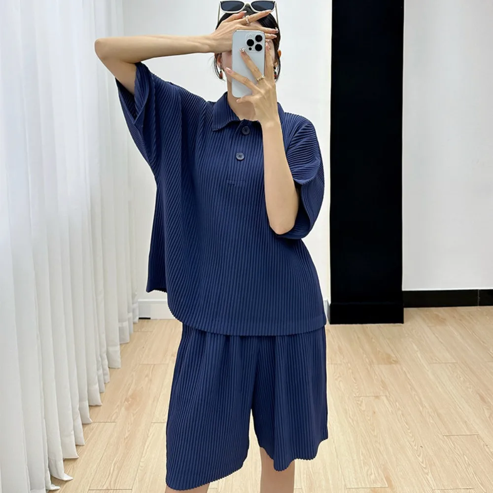 Pleats Fashion Suit Women 2023 Fall New Casual Simple Fashion Loose Comfortable Top T-shirt Sports Shorts Solid Color Plus Size