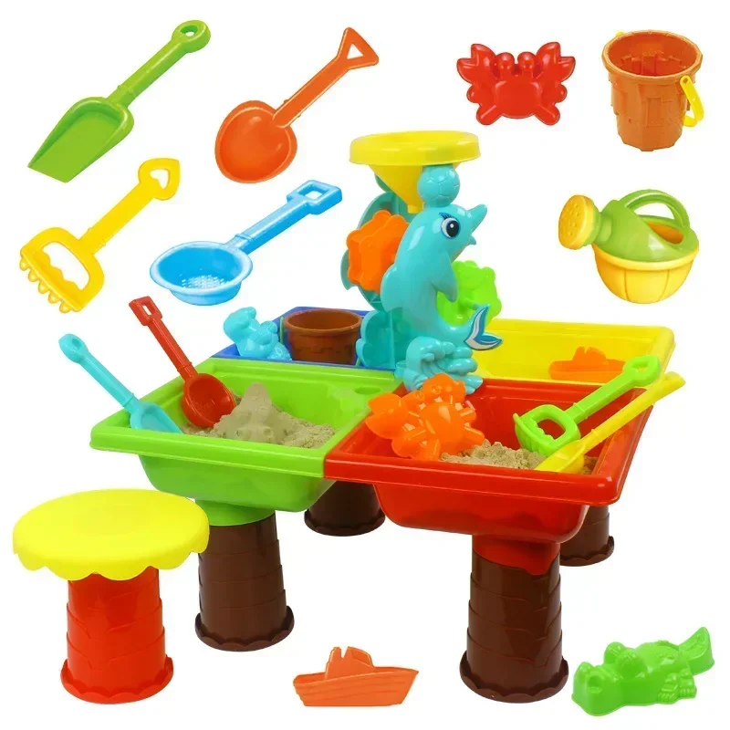 [Divertente] 4 giocatori per bambini Estate all'aperto Spiaggia Sandpit Toy Secchio di sabbia Ruota d'acqua Tavolo da gioco Set da gioco Gioco d'acqua Giocattolo educativo con la sabbia