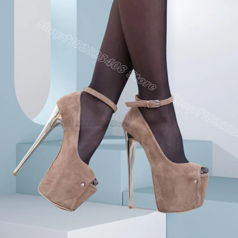 

Brown Peep Toe Flock Pumps Platform Stiletto Ankle Buckle Party Dress British Style Women Sexy Shoes 2025 Zapatos Para Mujere