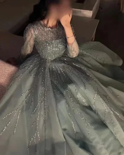 Imagen 2 del producto Vestidos de fiesta de manga larga con cuello redondo y lentejuelas con cuentas de lujo personalizados, vestido elegante de celebridad, vestidos de fiesta de noche de alta calidad para mujer