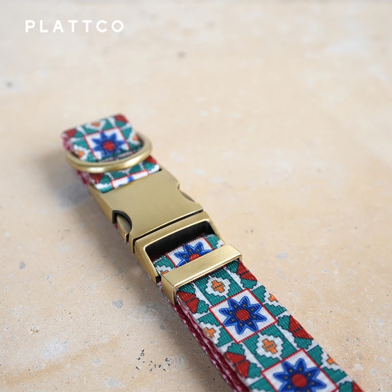 PLATTCO unique design dog set print Blue Kaleidoscope with high-quality bronze buckle 5 size PDC375Br&PDL375Br