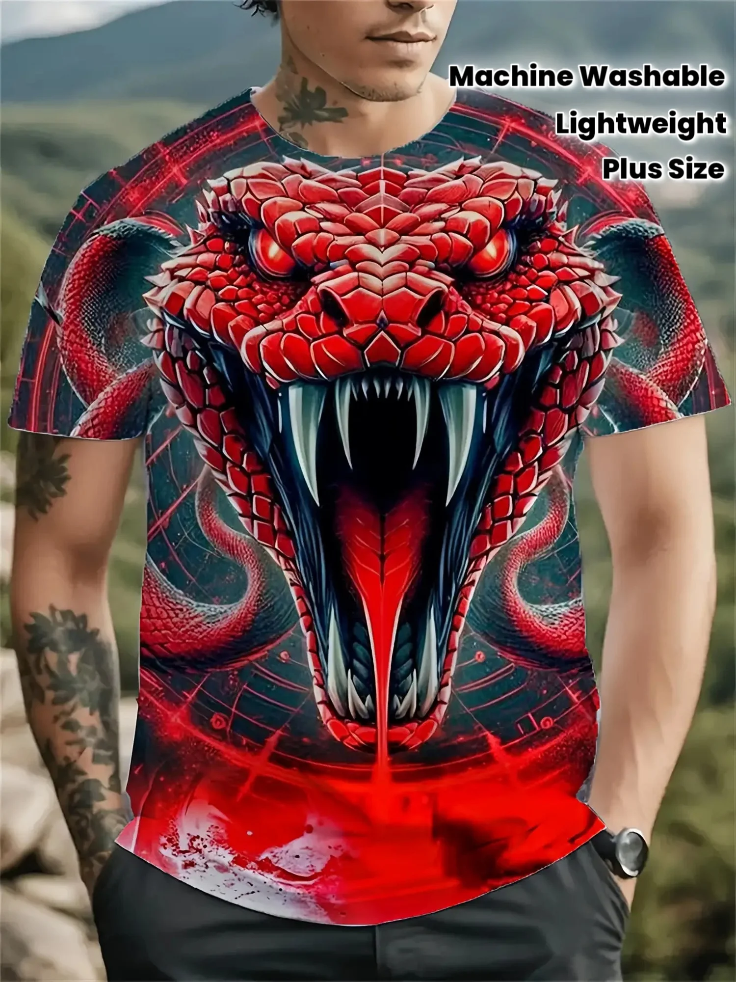 Men's Fierce Red Viper Snake Head Geometric Grid Print Crew Neck Short Sleeve Horror Animal Plus Size Casual Tee Tops