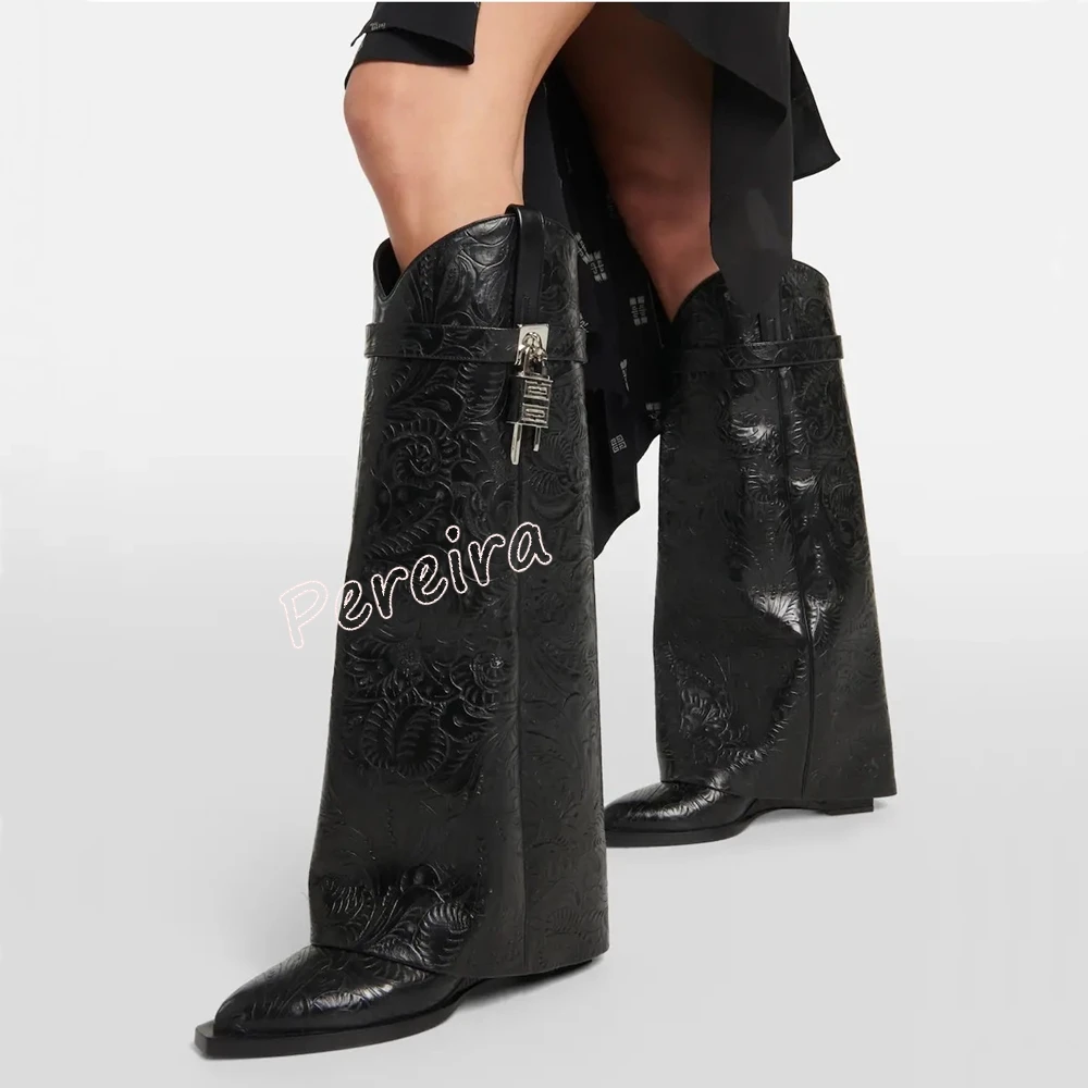 Black Printed Lock Knee Boots Women\'s Footwear Autumn News Solid Leather Pointed Toe Slip-on Wedge Party Commuter Shoes