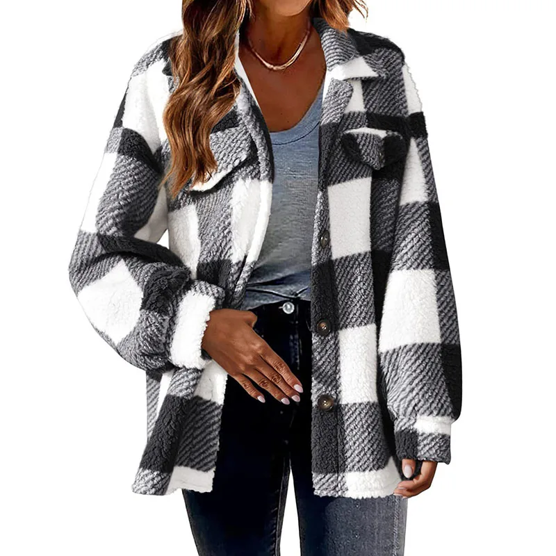 

Lucyever Autumn Winter Vintage Plaid Jacket Women Fashion Loose Single-Breasted Wool Lamb Coat Female Thick Warm Casual Outwear