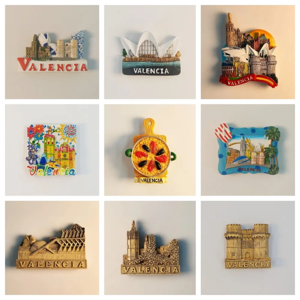 Imanes de nevera de Valencia, pegatinas para refrigerador, decoración del hogar, monumentos de resina, plato de arroz, Paella, Valenciana, España, regalos de recuerdo