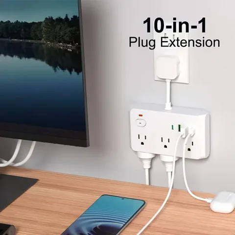 Regleta 10 en 1 con protector contra sobretensiones, 6 salidas de CA, 2 puertos USB, incluida 2 interruptores de encendido/apagado tipo C, enchufe estadounidense para el hogar y la Oficina