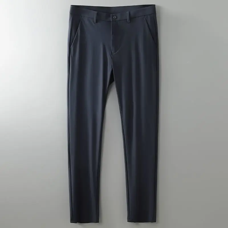 Business Casual Pants Men's Elastic Thin Quick Drying Summer Suit Solid Straight Button High Waist Pocket Slim Ice Silk Trousers