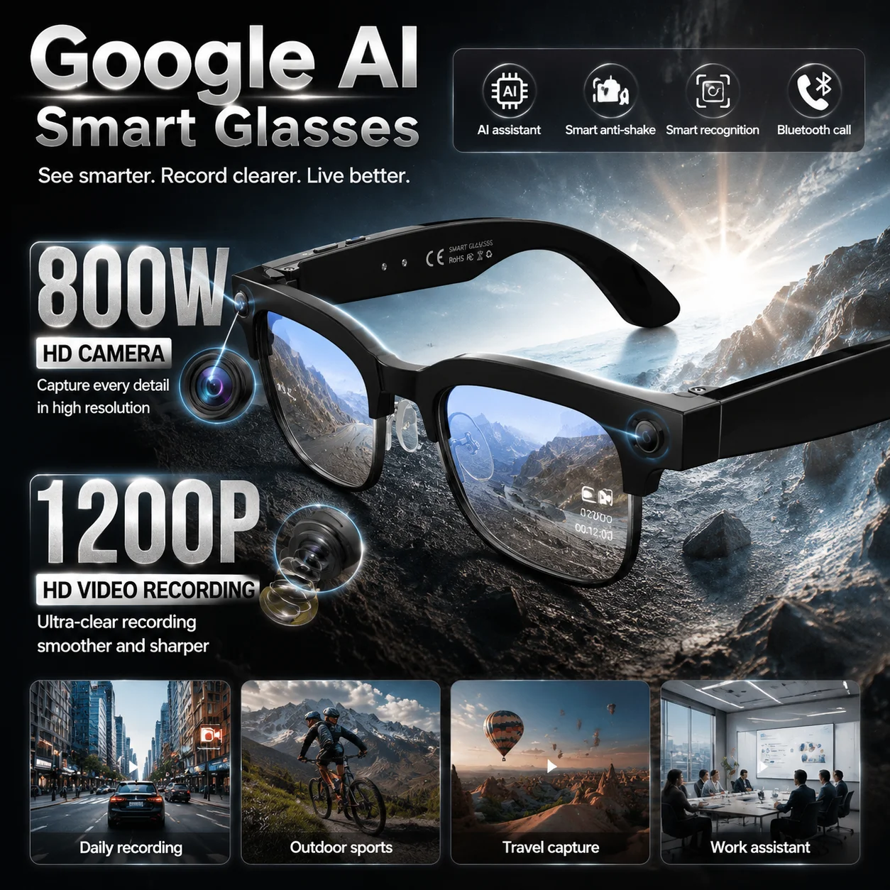Lunettes Caméra Intelligentes GUHUAVMI 2026 IA 8MP Photo Anti-tremblement Enregistrement Vidéo Transfert de Fichiers WiFi Traduction IA Assistant Vocal Appels Bluetooth Contrôle Tactile