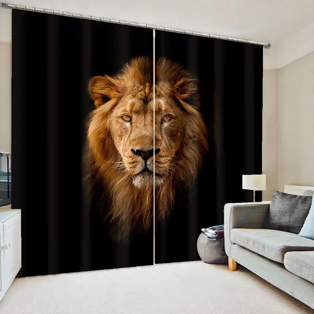 Majestic Lion Portrait Curtains Black Gold Animal Print Drapes Unique Living Room Bedroom Decor Curtains 2 Panels Set